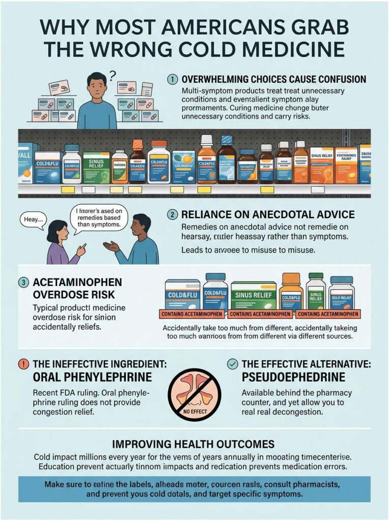 Infographic showing reasons Americans choose wrong cold medicine, highlighting confusion and risks of acetaminophen.