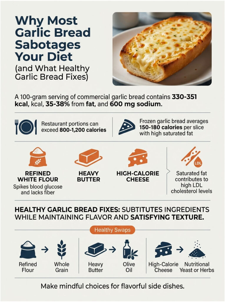 Infographic showing garlic bread nutritional facts, unhealthy ingredients, and healthier alternatives for garlic bread.