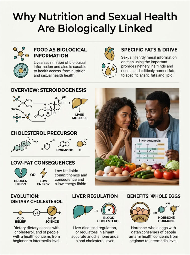 Infographic showing the link between nutrition and sexual health with charts, icons, and text on steriodogenesis and cholesterol.