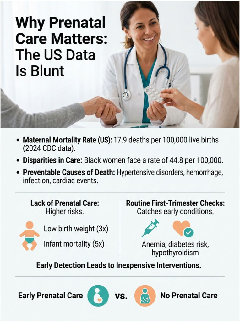 Infographic showing maternal mortality rates, disparities in care, and preventive causes of death in the US.