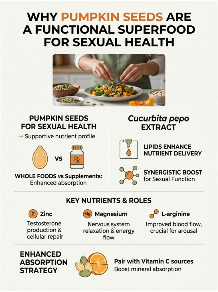 Infographic showing benefits of pumpkin seeds for sexual health, including nutrients and absorption strategies.
