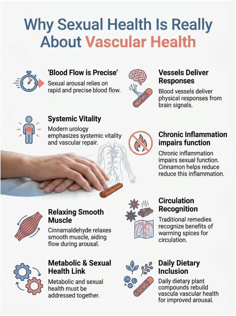 Infographic explaining the connection between sexual health and vascular health with icons and text descriptions.