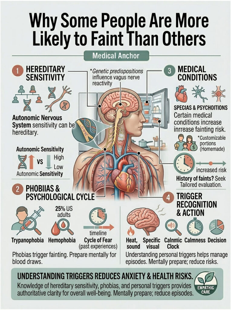 Infographic explaining why some people faint more, detailing hereditary sensitivity, phobias, medical conditions, and triggers.
