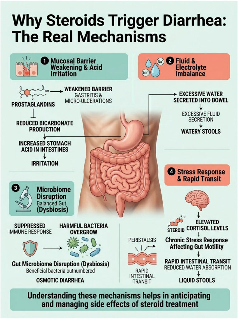 Infographic explaining how steroids trigger diarrhea through mucosal barrier weakening, electrolyte imbalance, microbiome disruption, and stress response.