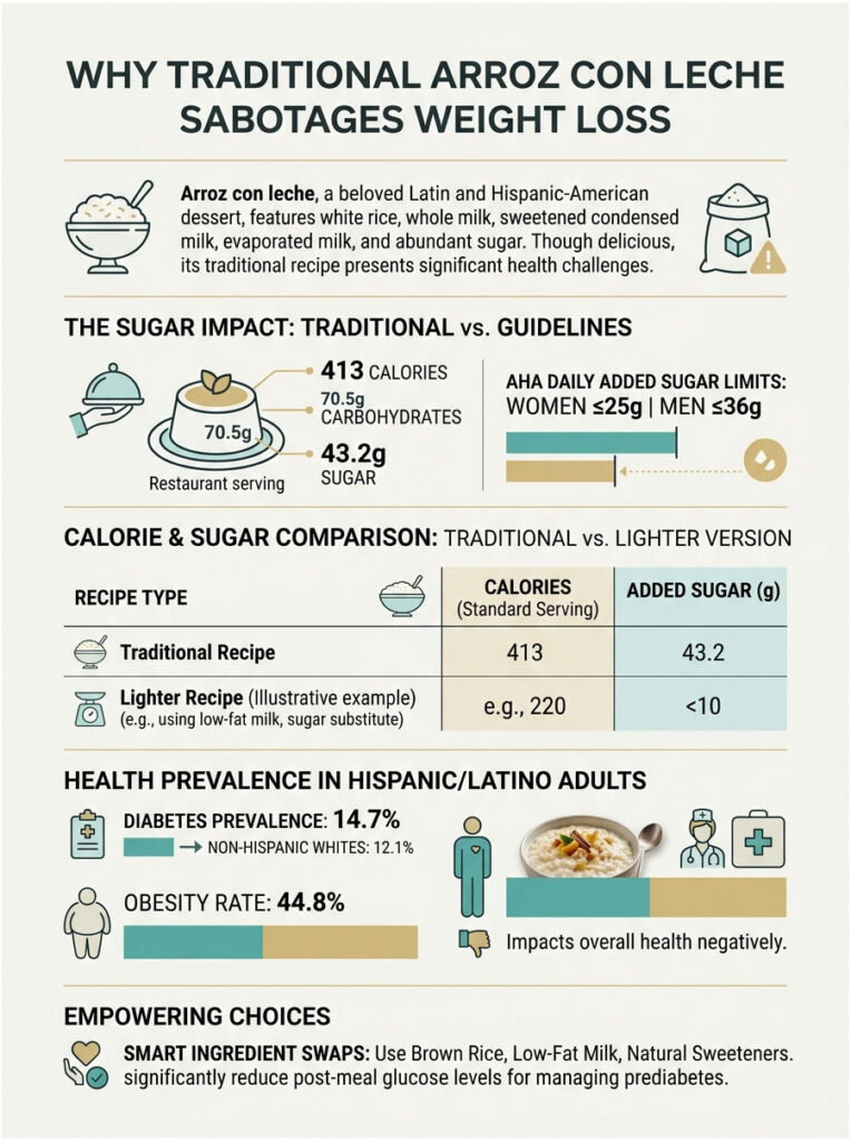 Infographic comparing traditional and lighter Arroz con Leche, showing calories, sugar, and health impacts.