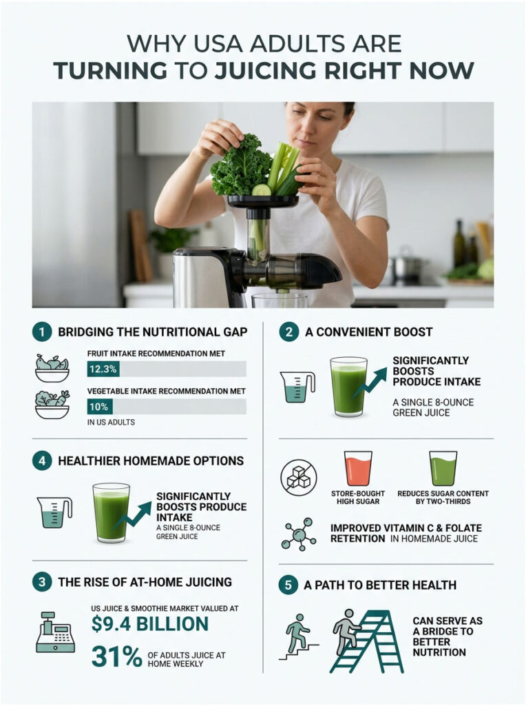Infographic showing reasons USA adults turn to juicing, including statistics and benefits of homemade juice.