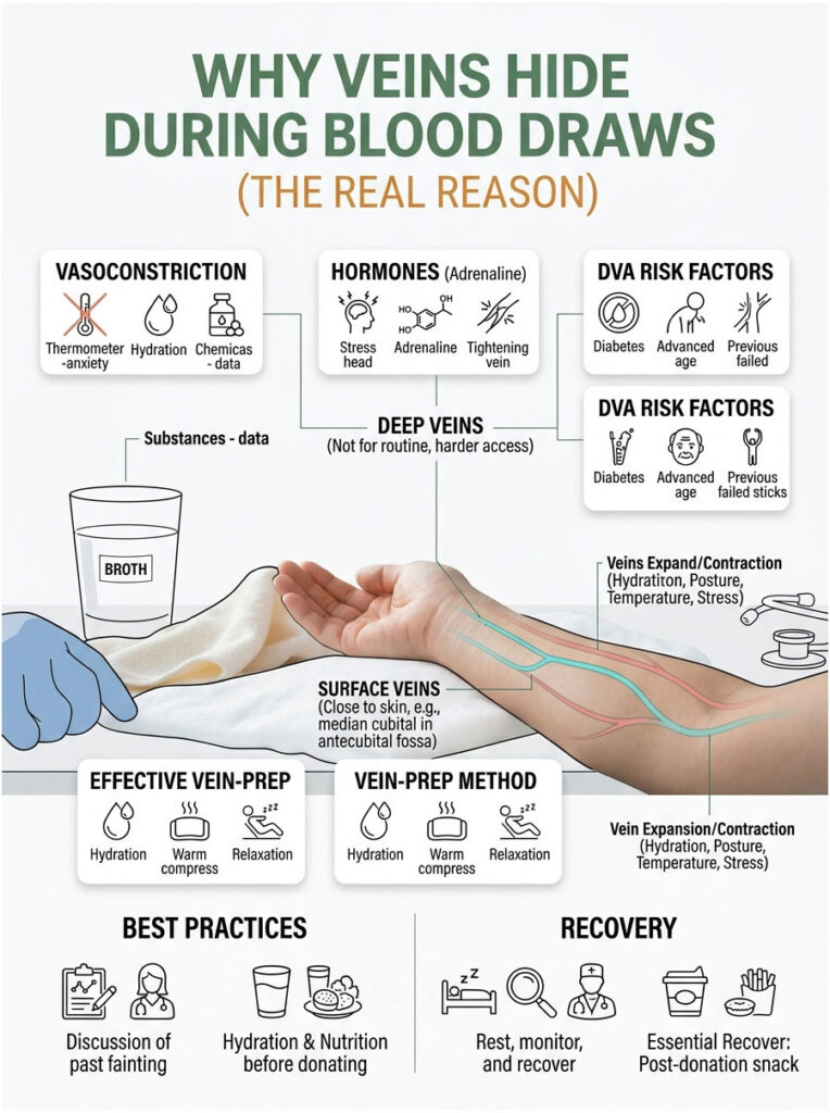 Infographic explaining why veins hide during blood draws, featuring charts and icons about vasoconstriction and vein prep methods.
