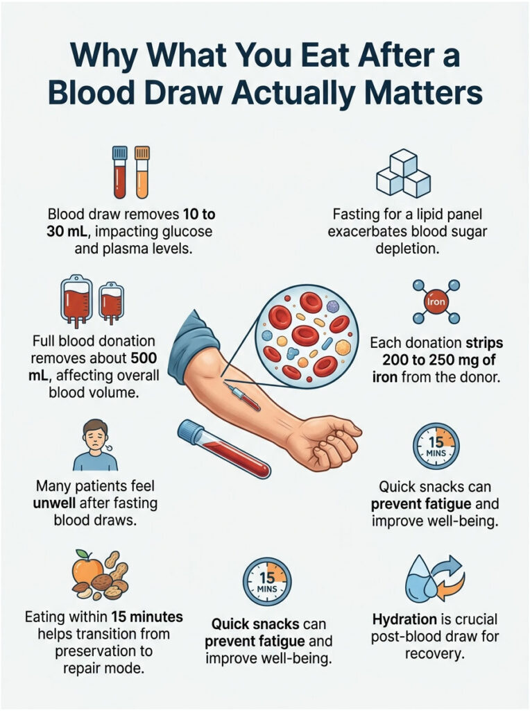 Infographic explaining post-blood draw nutrition, featuring charts, icons, and key data on hydration and snacks.