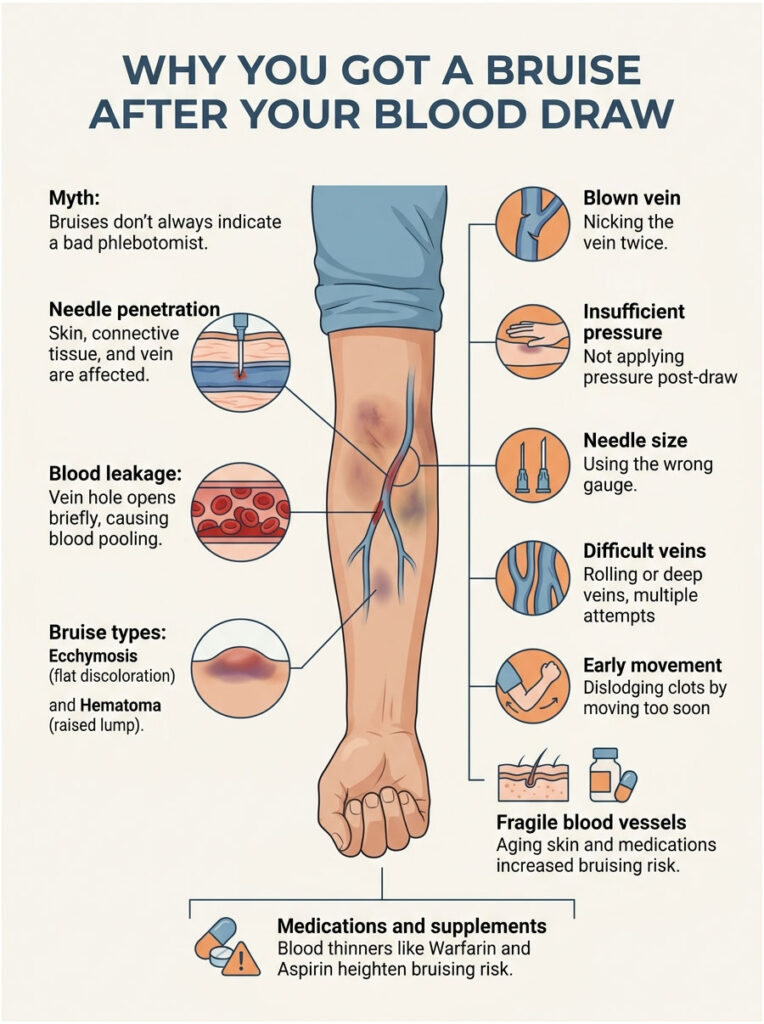 Infographic explaining causes of bruising after blood draw, featuring illustrations and text on various factors.