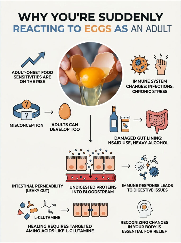 Infographic explaining adult-onset egg sensitivities with illustrations, text, and flowchart elements.