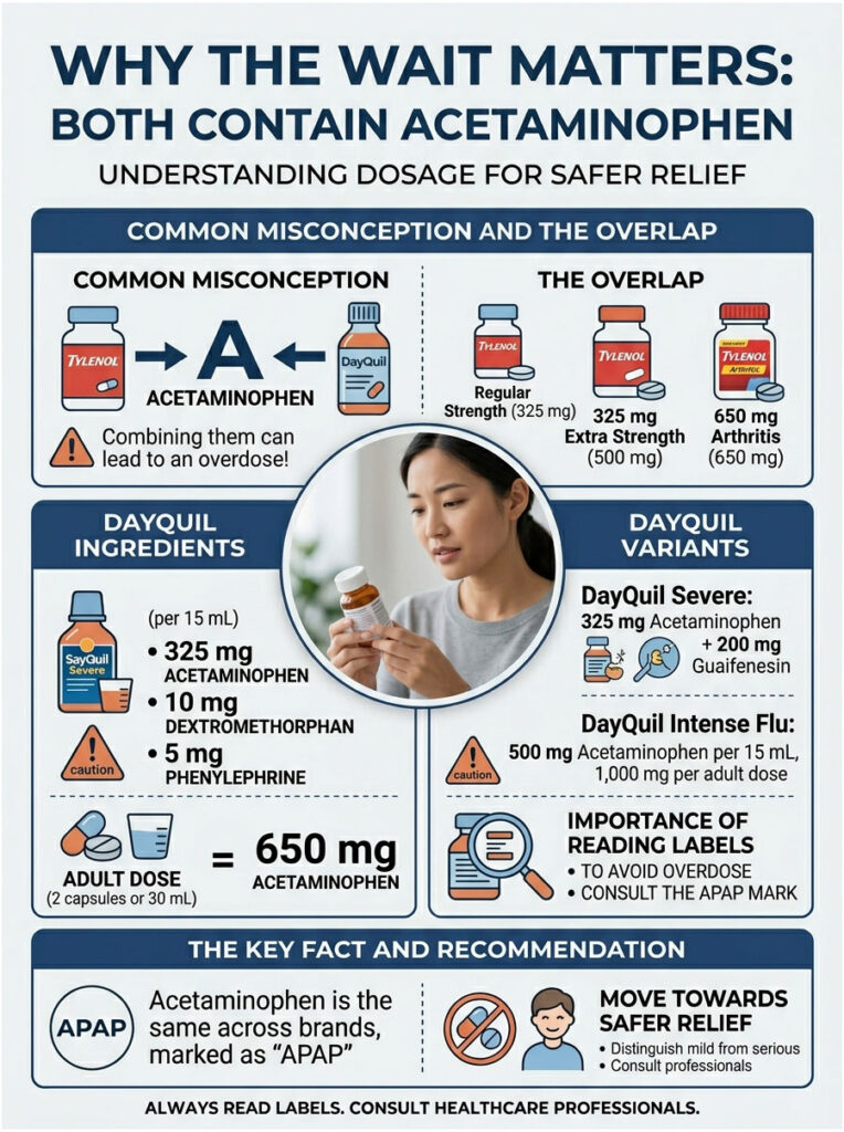 Infographic explaining acetaminophen dosage in Tylenol and DayQuil, featuring charts and key facts for safe use.