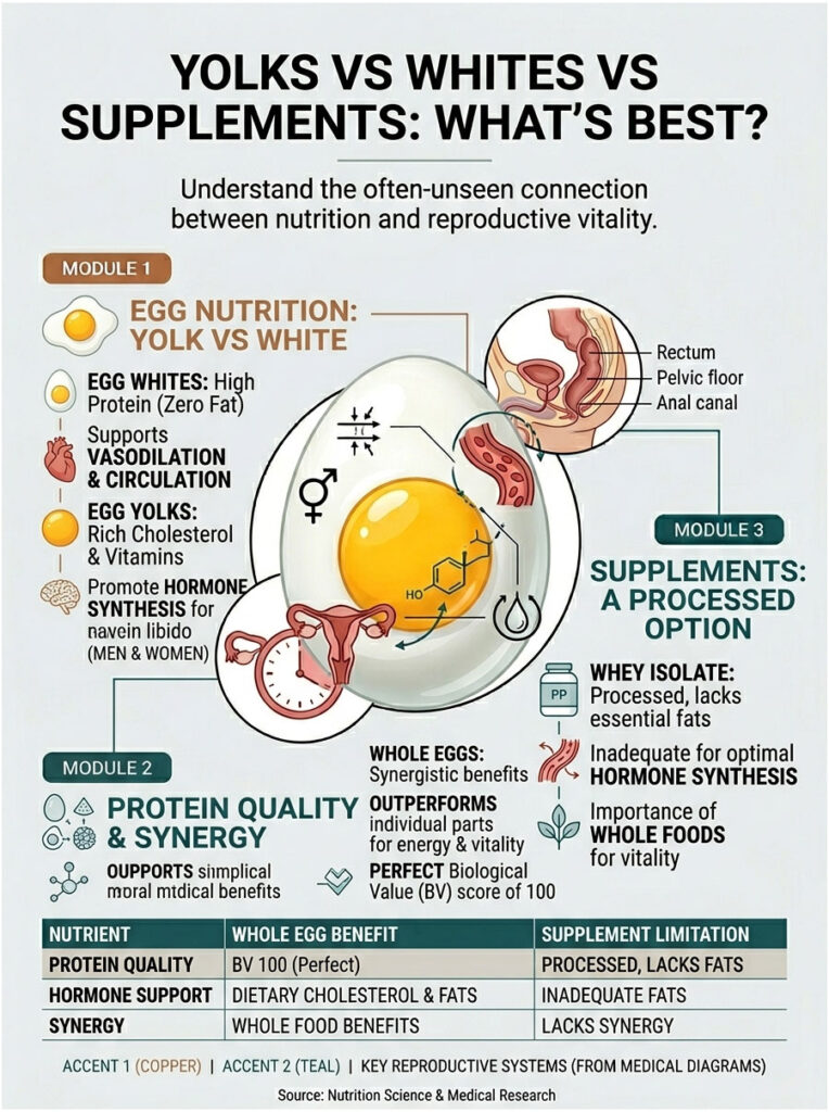 Infographic comparing egg yolks and whites, detailing nutrition, hormone synthesis, and supplement limitations.