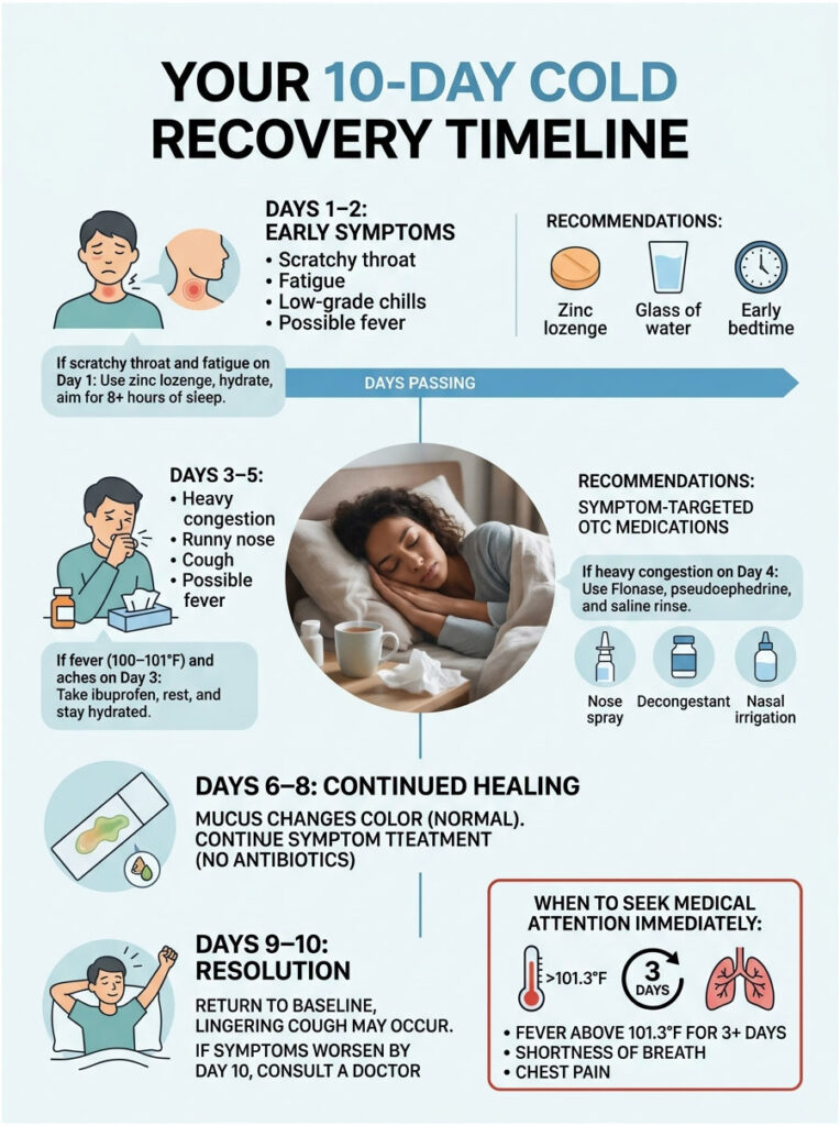 Infographic detailing a 10-day cold recovery timeline with symptoms, recommendations, and medical advice.