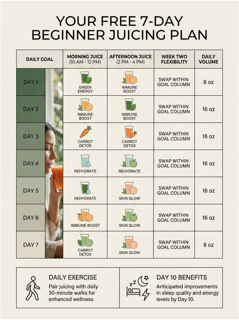 A 7-day beginner juicing plan with daily goals, juices, and exercise recommendations. Infographic.