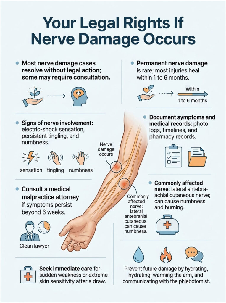 Infographic detailing legal rights regarding nerve damage, symptoms, and consultation steps with icons and illustrations.