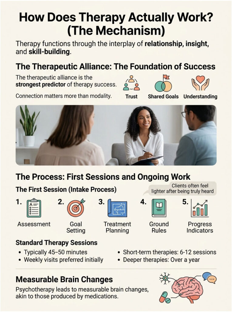 Infographic explaining therapy mechanisms with text, icons, and images of a therapy session.
