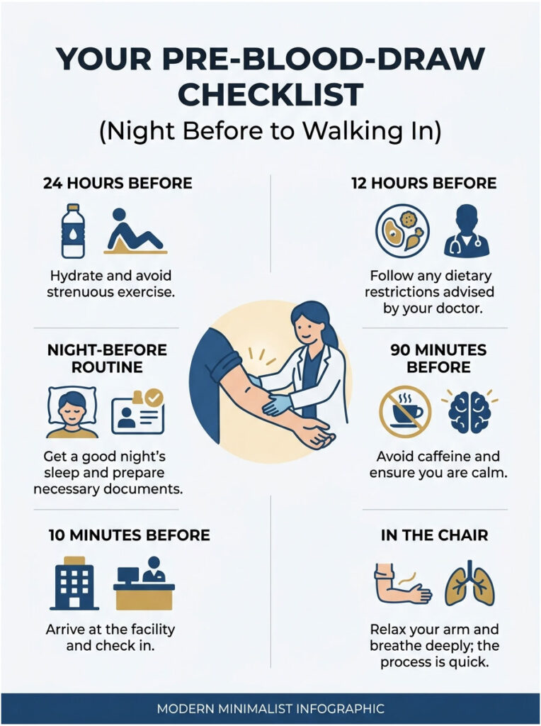 Infographic detailing a pre-blood-draw checklist with steps and icons for preparation before the appointment.