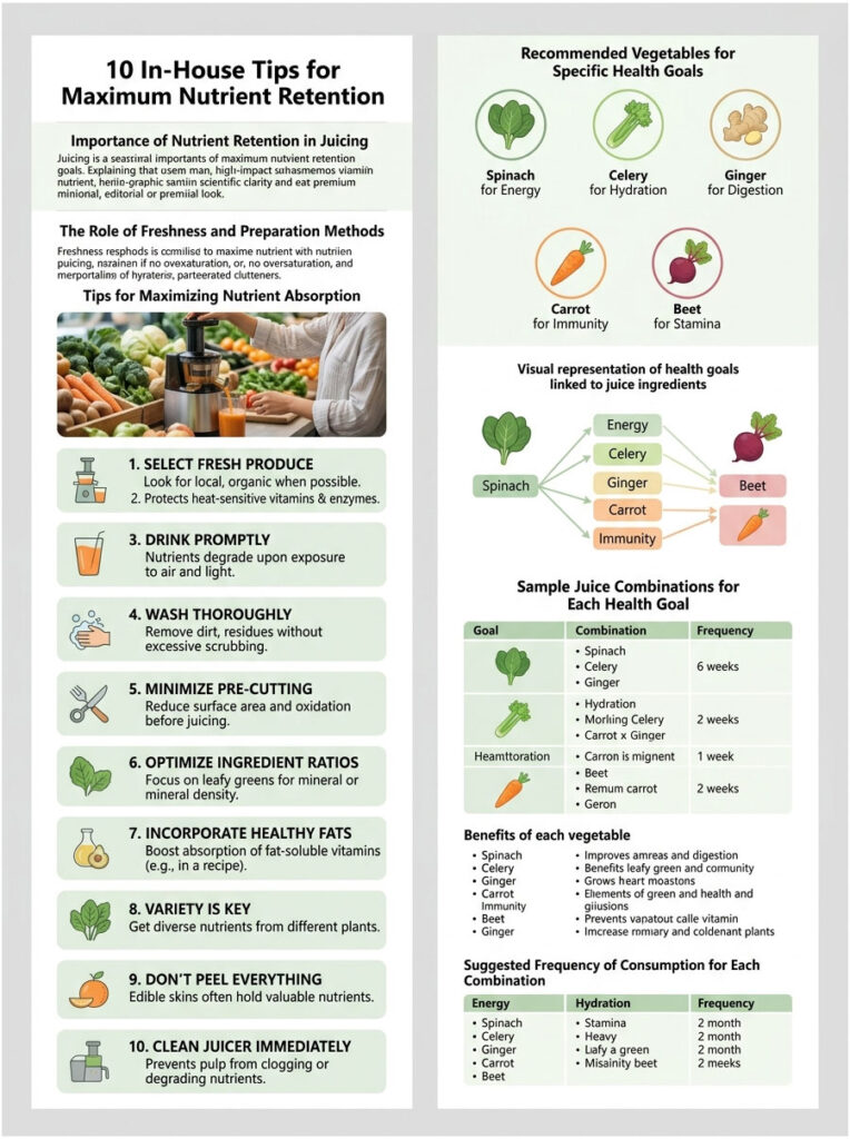 Infographic detailing tips for nutrient retention in juicing, including vegetable benefits and combinations.