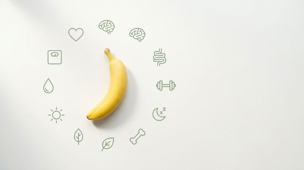 A yellow banana sits on a white background surrounded by health-related icons in green.
