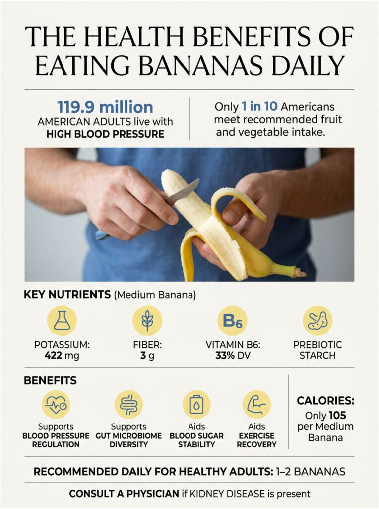 Infographic showing health benefits of eating bananas, including nutrients and statistics on blood pressure.