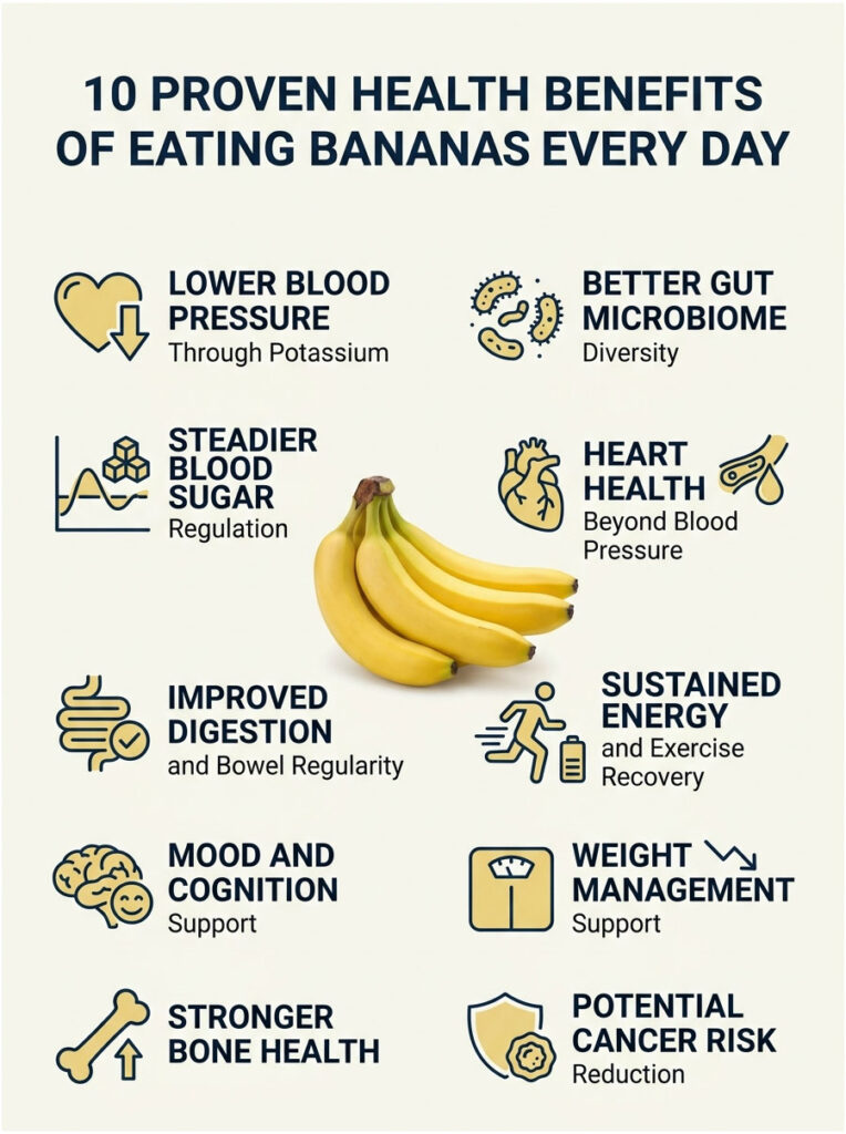 Infographic showing 10 health benefits of eating bananas, including lower blood pressure and improved digestion.