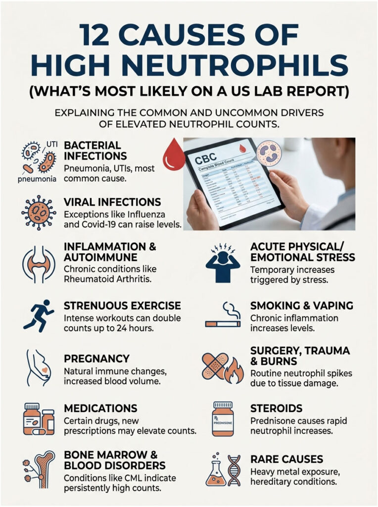 Infographic listing 12 causes of high neutrophils with icons and brief descriptions for each cause.