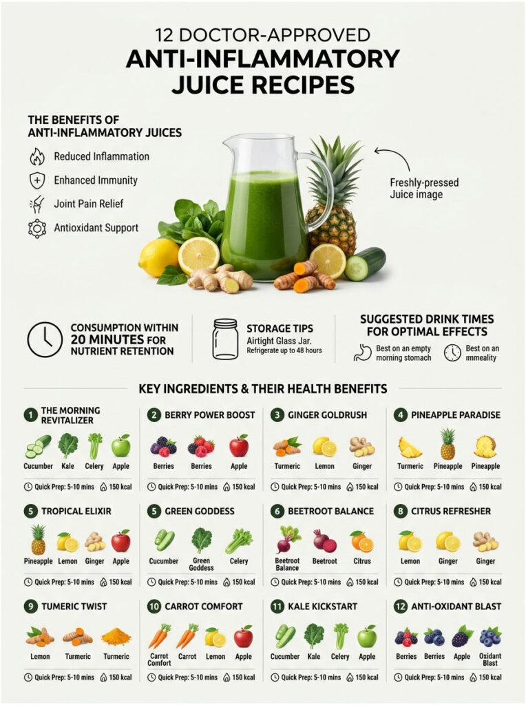 Infographic showing 12 anti-inflammatory juice recipes with ingredients, benefits, and preparation times.
