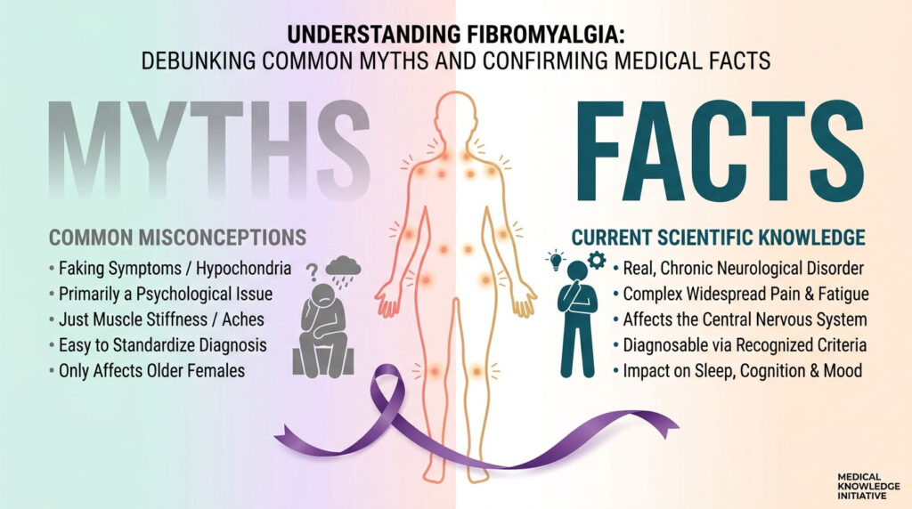 A visual explaining fibromyalgia myths and facts with a human silhouette and icons representing misconceptions and knowledge.