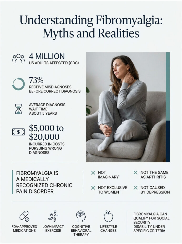 Infographic on fibromyalgia showing statistics, myths, and realities, with a woman sitting thoughtfully.