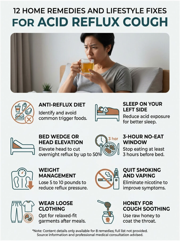 Infographic showing 12 home remedies for acid reflux cough with icons and text descriptions for each remedy.