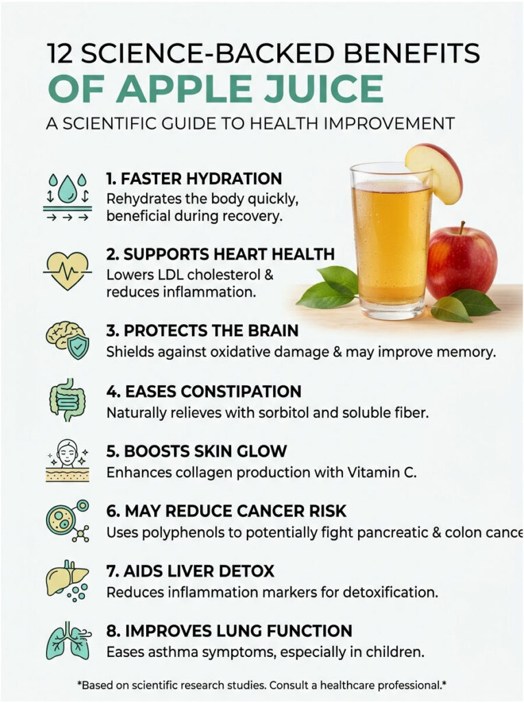Infographic detailing 12 benefits of apple juice, including hydration, heart health, and brain protection.