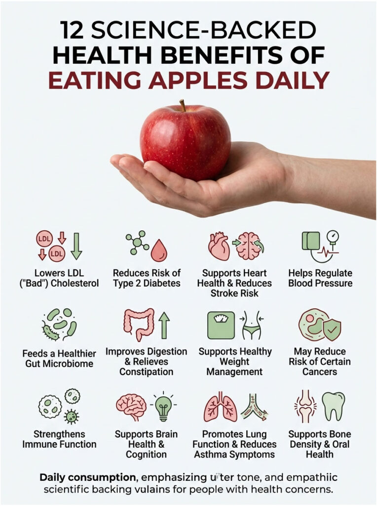 Hand holding a red apple with 12 health benefits of eating apples daily listed alongside icons. Infographic.