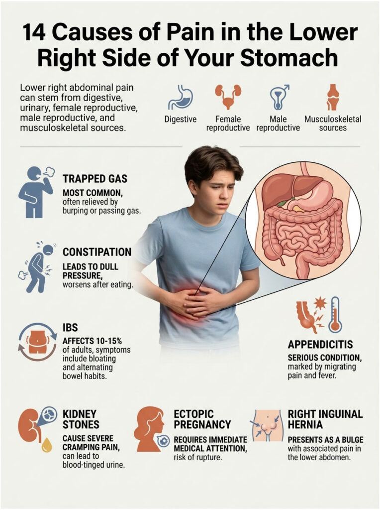 Infographic showing 14 causes of lower right stomach pain with illustrations and text descriptions of each cause.