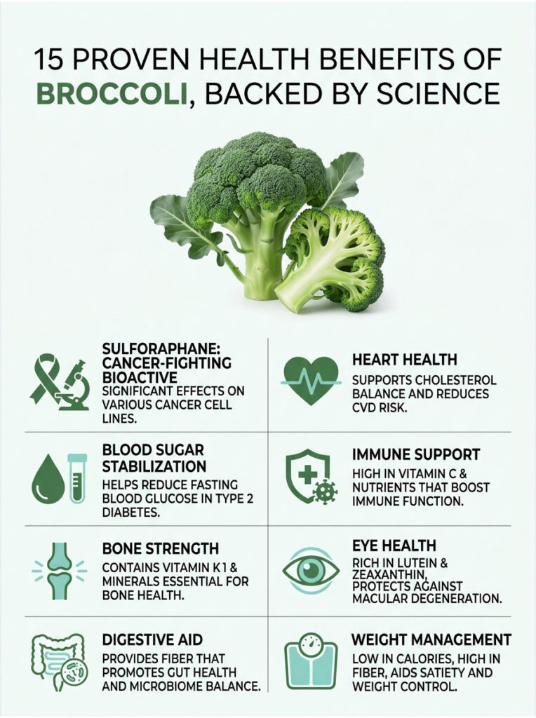Broccoli with text detailing 15 health benefits, including heart health and immune support, in infographic format.