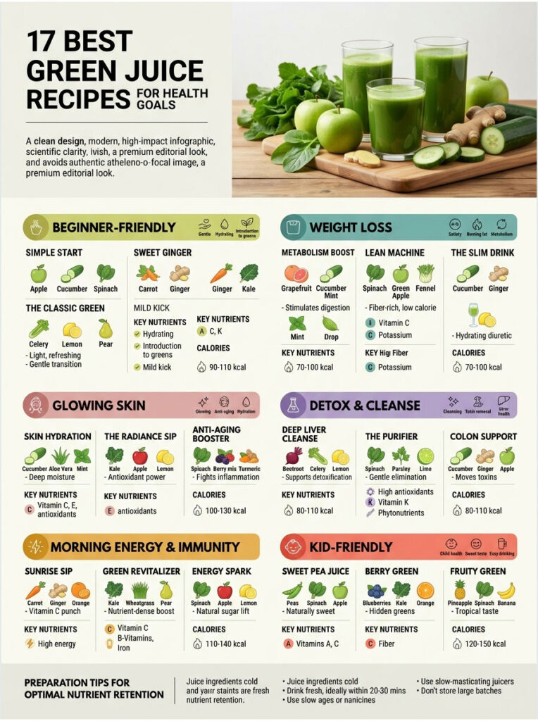 Infographic displaying 17 green juice recipes for health goals, including ingredients and key nutrients for each recipe.