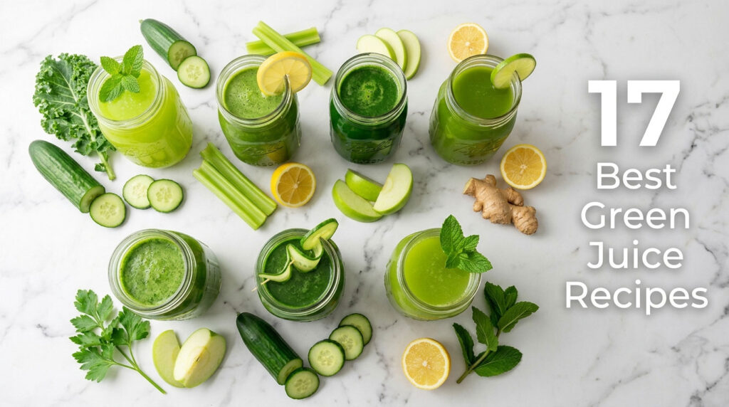 A variety of green juices in jars with fresh ingredients like cucumber, celery, and lemon on a marble surface.