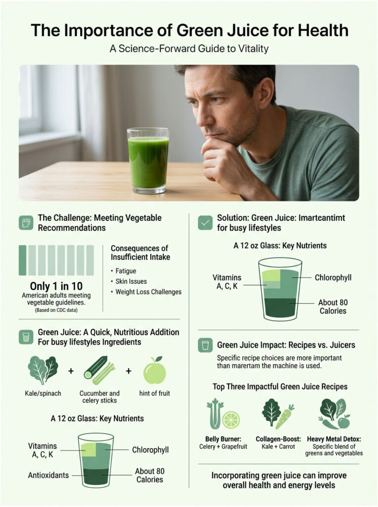 Infographic on green juice benefits, featuring charts, key nutrients, and health recommendations for vitality.