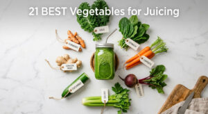 A green smoothie jar surrounded by fresh vegetables like kale, spinach, carrots, and ginger root on a marble surface.