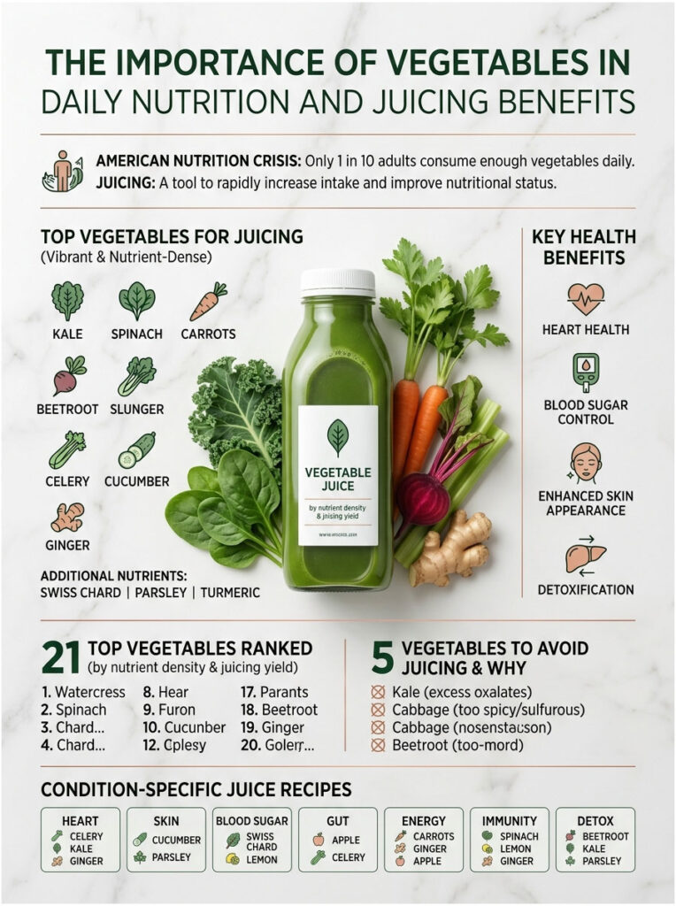 Infographic showing the importance of vegetables in daily nutrition, featuring juicing benefits and top vegetables for juicing.