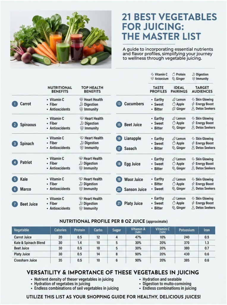 Infographic listing 21 best vegetables for juicing with nutritional benefits, health benefits, and ideal pairings.