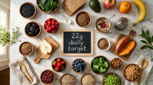 A variety of healthy foods arranged on a marble surface, including fruits, vegetables, and grains, with a chalkboard stating "22g daily target."