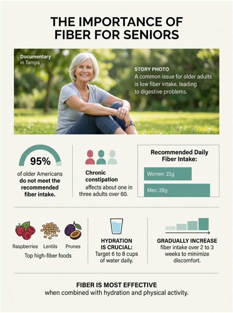Infographic on fiber importance for seniors, showing statistics, recommendations, and high-fiber foods.