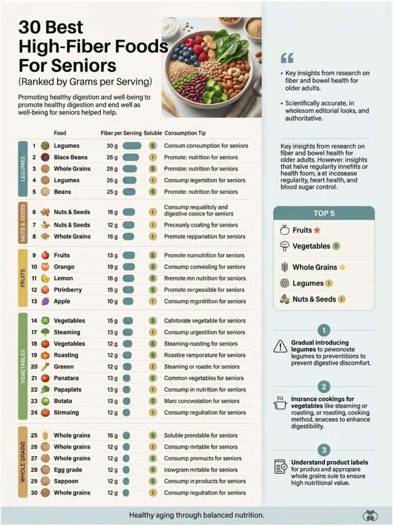 Infographic listing 30 high-fiber foods for seniors with fiber content, consumption tips, and food categories.