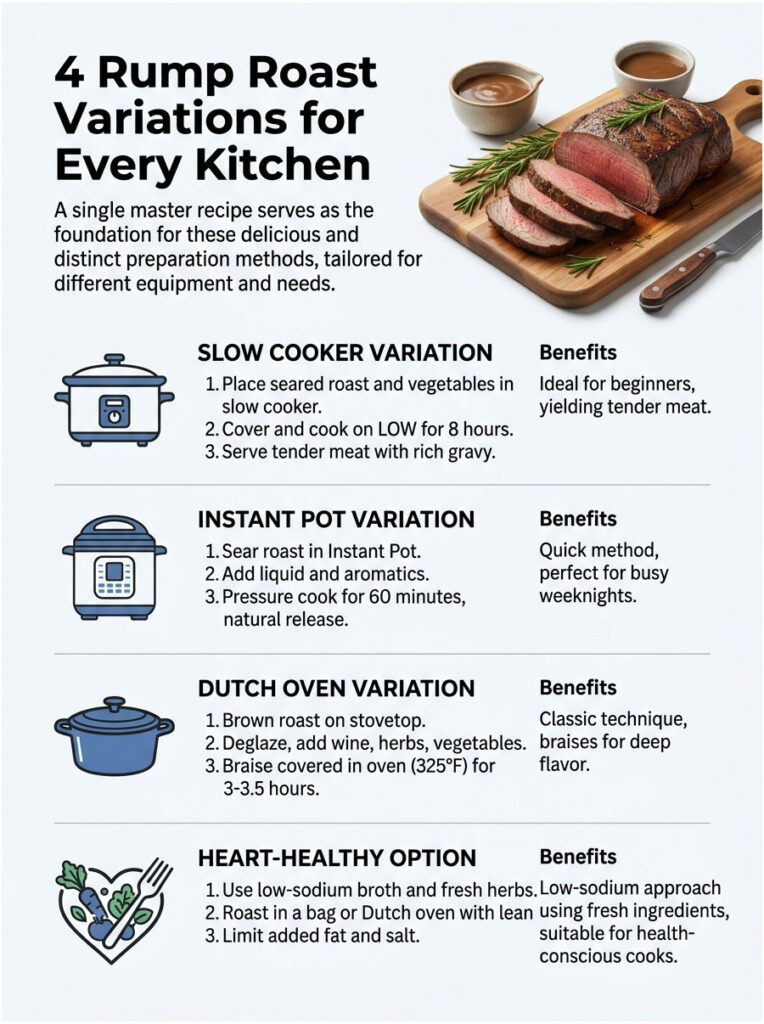 Infographic showing 4 variations for cooking rump roast with methods and benefits for each technique.