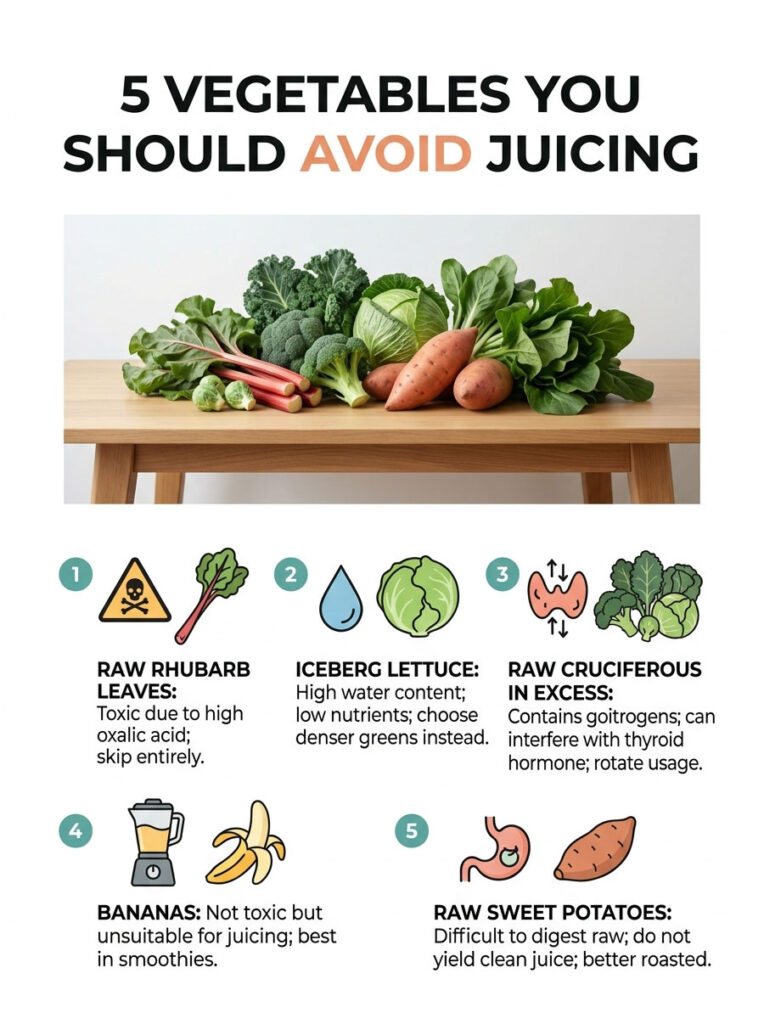Infographic listing five vegetables to avoid juicing, featuring illustrations and descriptions for each vegetable.