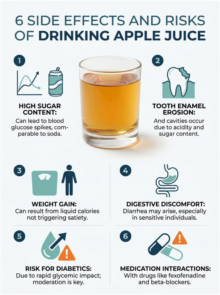 Infographic detailing six side effects of drinking apple juice, including high sugar content and tooth enamel erosion.