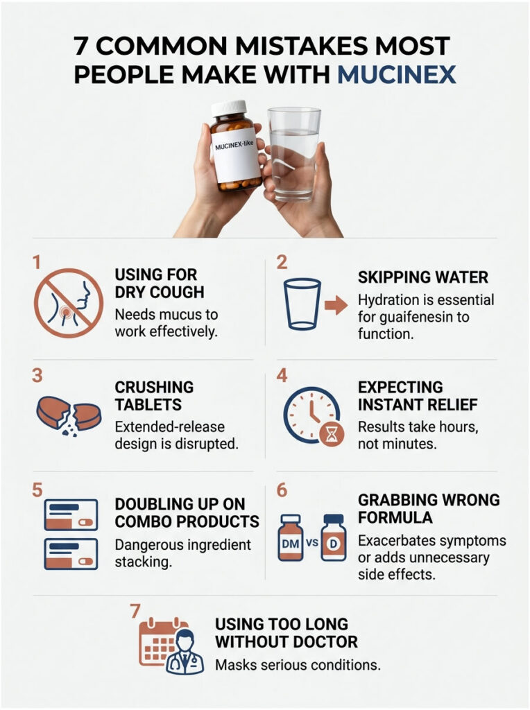Infographic showing 7 common mistakes with Mucinex, including using for dry cough and skipping water.