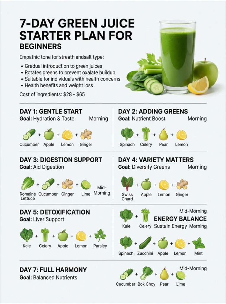 Infographic detailing a 7-day green juice starter plan for beginners with daily goals and ingredients listed.