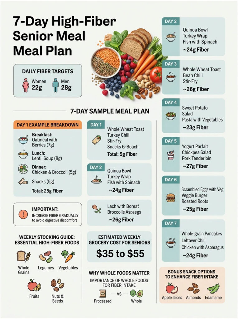 7-day high-fiber senior meal plan with daily fiber targets, meal breakdowns, and grocery cost estimates.