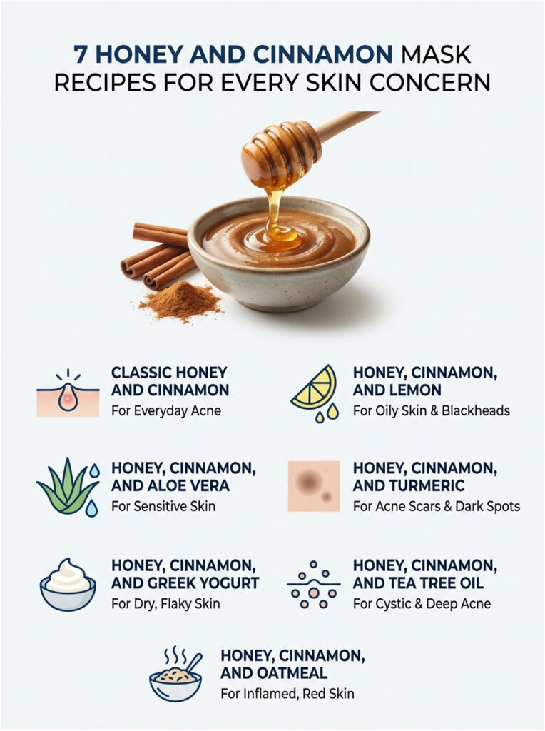 Infographic showing 7 honey and cinnamon mask recipes for skin concerns, with icons and descriptions for each recipe.